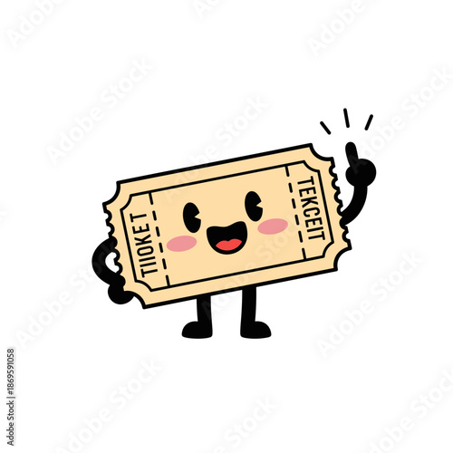 Cartoon ticket character smiling and pointing with a raised hand  