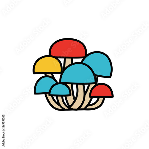 Colorful cartoon mushrooms in vibrant hues on white background  