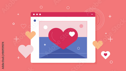 Heart symbol inside a browser window with floating hearts on a pink background in flat modern style