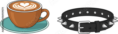 Coffee cup latte art vector illustration, spiked leather collar accessory, contrasting lifestyle objects isolated background