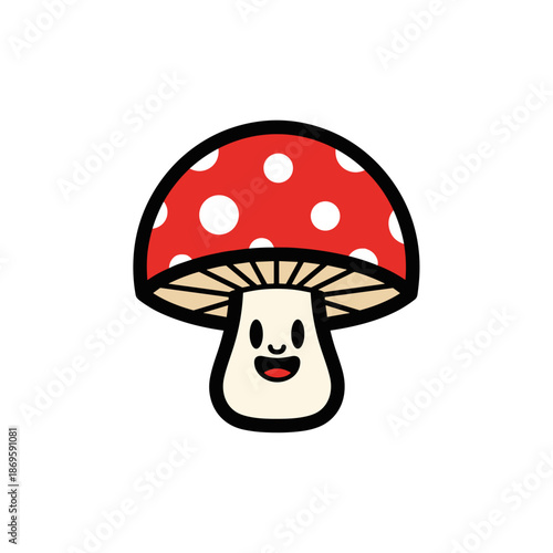 Cute red and white spotted mushroom character with a smiling face  