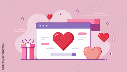 Romantic web interface with heart symbols, gift box and soft pink background in flat cartoon style