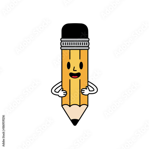 Cute cartoon pencil character smiling and holding hands in front  