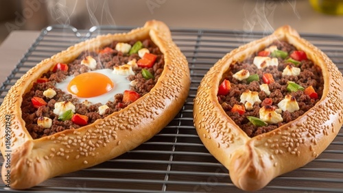 Two Turkish Pide boats with savory fillings and a fried egg baking on a rack