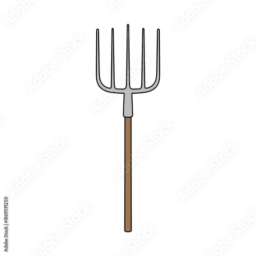 Gardening pitchfork with a wooden handle and metal prongs  