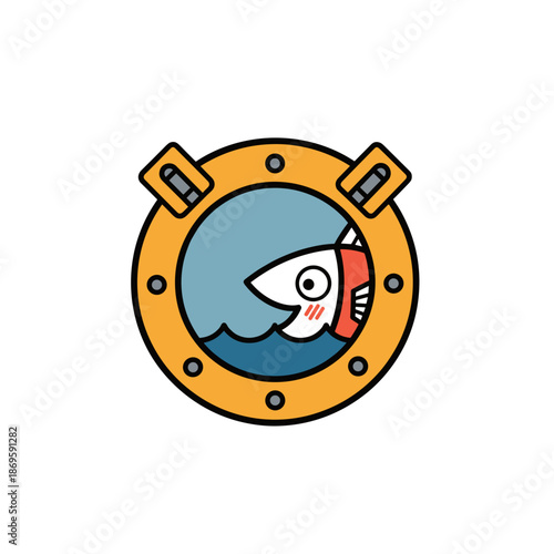 Cartoon shark swimming outside porthole in ocean water  