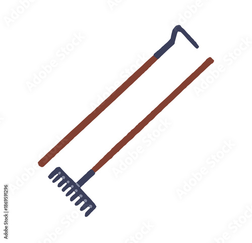 Icon of rake and hoe. Garden tools with wooden handles for ground cultivation. Agriculture instruments for working with soil on farm. Flat isolated hand drawn vector illustration on white background.