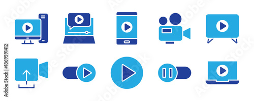 Video player icon set. Containing play or start button, pause or stop, media, camera, live, cinema, multimedia, film, handy cam, clapperboard, movie, streaming or online video. Vector illustration