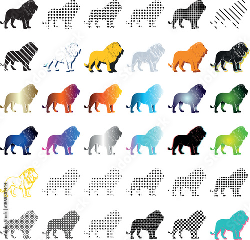 Collection of Lion Silhouettes with Diverse Patterns and Colors