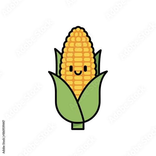 Happy corn character with green leaves on white background  
