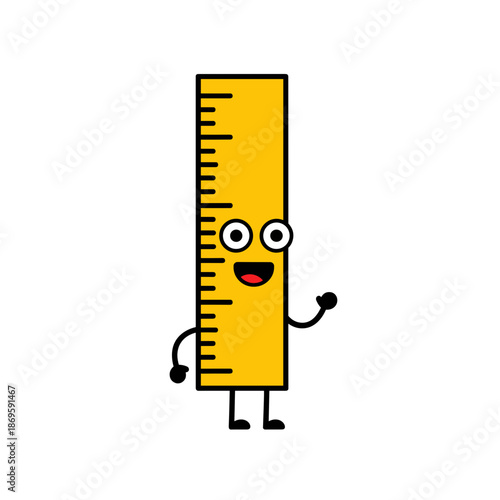 Cartoon ruler character smiling and waving with arms  