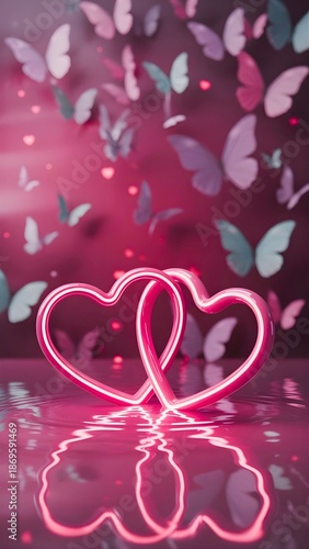 A romantic Valentine’s Day aesthetic scene featuring two neon pink hearts placed near the bottom of the frame, resting on a smooth reflective liquid surface. 