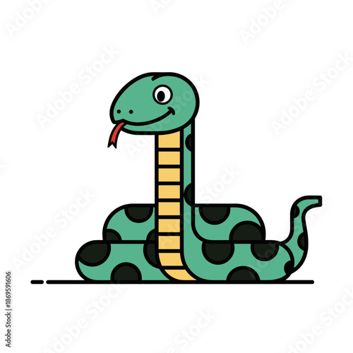 Cartoon snake with green body and polka dots smiling happily  
