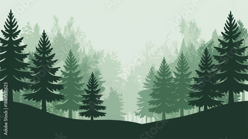 Serene Forest Landscape Illustration with Evergreen Trees and Rolling Hills