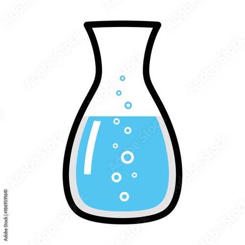 Glass laboratory flask with blue liquid and bubbles inside  