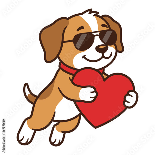 Cute dog holding heart, sunglasses puppy cartoon illustration, valentines day love concept, romantic pet character, adorable animal design, vector