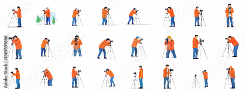 Diverse set of flat vector illustrations depicting professional and amateur photographers capturing moments outdoors using DSLR cameras mounted on sturdy tripods.