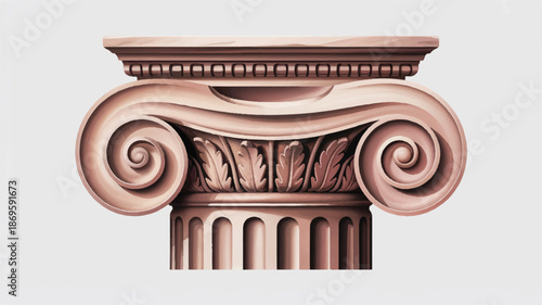 Detailed illustration of a classical Greek Ionic column capital, featuring elegant volutes and intricate architectural ornamentation on a clean background