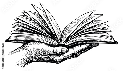 Hand drawn illustration of a hand holding an open book depicting reading for education