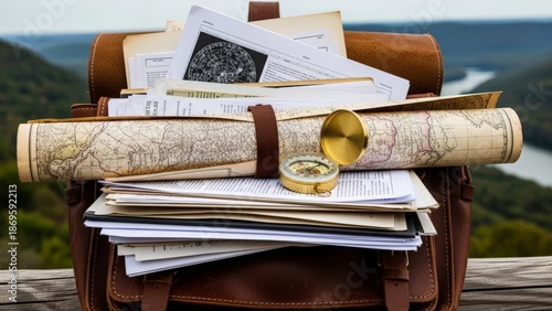 Vintage Compass and Rolled Maps Stacked on Papers