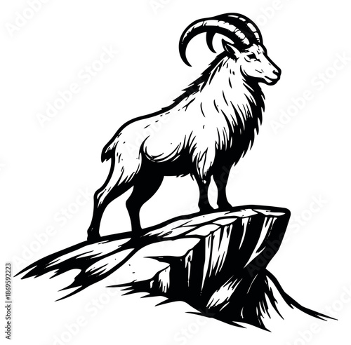 Line art illustration of an ibex depicting a majestic stance on a rock for wilderness concepts