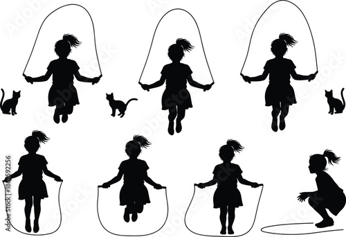 Children jump rope silhouettes set, playful kids exercising outdoor, childhood activity, fun recreation vector illustration