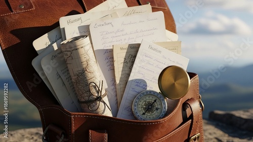 Vintage Leather Bag Filled With Old Maps, Journals, and Compass for Adventure