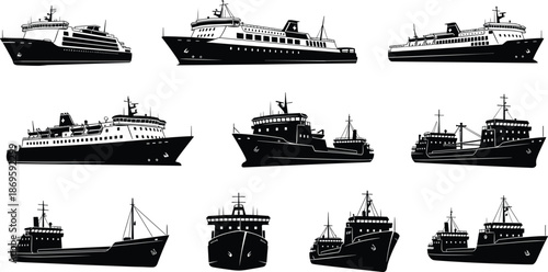 Passenger and cargo ship silhouettes set, marine vessels collection, ocean transportation industry, black vector illustration