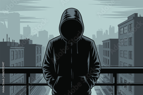 Hooded Figure Overlooking the Cityscape, mystery urban concept