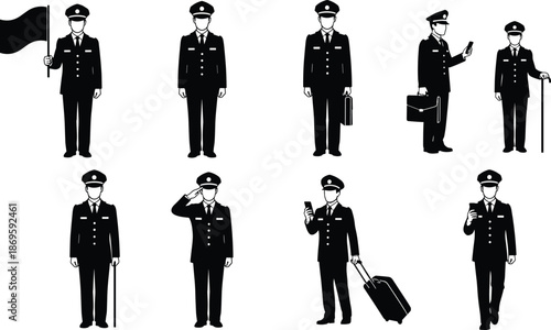 Uniformed security officer silhouettes set, professional guard poses with accessories, law enforcement service vector illustration