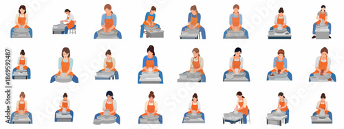 A collection of diverse illustrations showing women creating ceramic pottery using a potter's wheel, highlighting the craft, hobby, and artistic process.