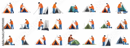 Set of illustrations depicting men pitching different styles of camping tents, showing the process of outdoor setup and adventure preparation.
