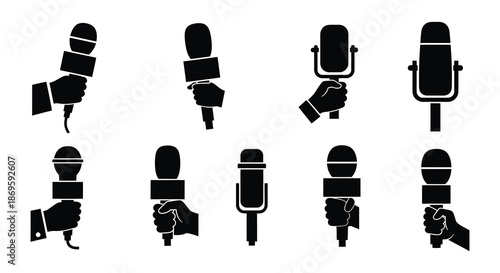 A collection of diverse microphone styles in black silhouette illustrations