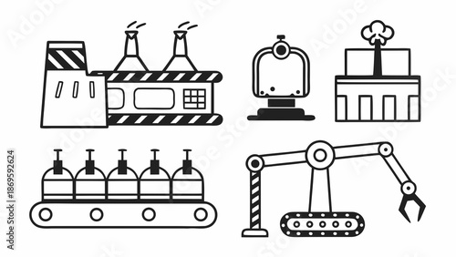 Industrial facility illustration showcasing robotic arm and manufacturing process in a factory setting from a top-down viewpoint
