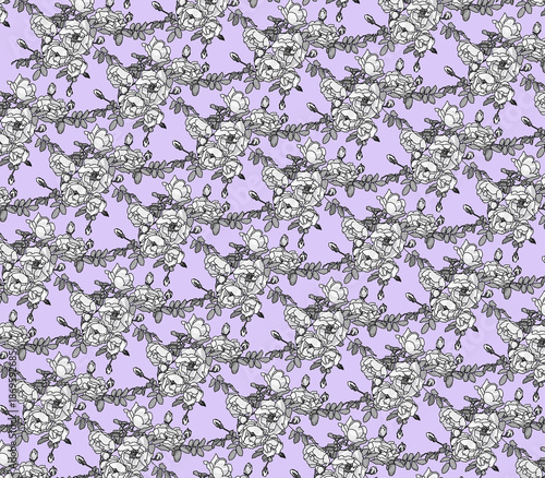 White roses on a purple background seamless pattern