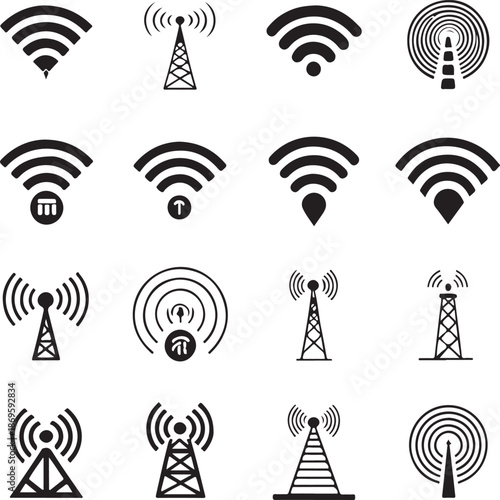 Collection of modern wireless communication tower icons for network technology