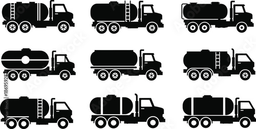 Tanker truck silhouettes set, fuel water oil transport vehicles collection, industrial logistics vector illustration icons