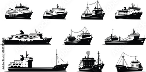 Cargo and passenger ships silhouettes set, marine vessels collection, transportation industry vector illustration icons design
