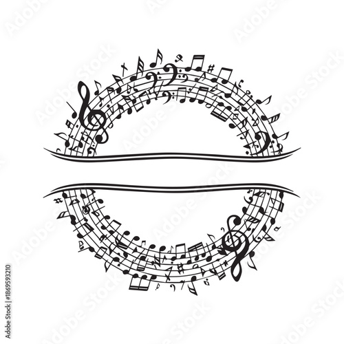 Musical notes split monogram frame. Vector black silhouette of treble and bass clefs with melody symbols arranged in a circle with copy space for text logo design.
