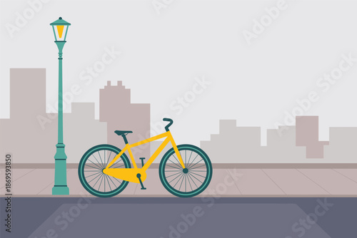 Yellow Bicycle on City Sidewalk with Lamppost, urban lifestyle concept