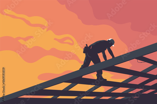 Roofer Working on a House Frame Against a Vibrant Sunset Sky, construction industry concept