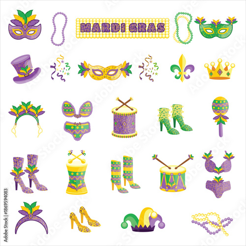 Mardi Gras carnival festival elements set with masks beads drums costumes shoes maracas confetti crowns hats and jester accessories colorful flat illustration collection