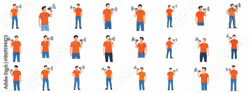 Man with megaphone character set vector illustration, showing different poses for announcement, marketing, and public speaking against a white background.
