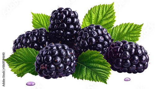 Wallpaper Mural Close-up of ripe blackberries with green leaves, isolated on a transparent background Torontodigital.ca