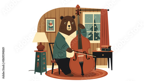 A charming brown bear playing a cello in a cozy wood-paneled room, complete with a festive winter scene outside the window, adds a heartwarming touch to holiday greetings, musical