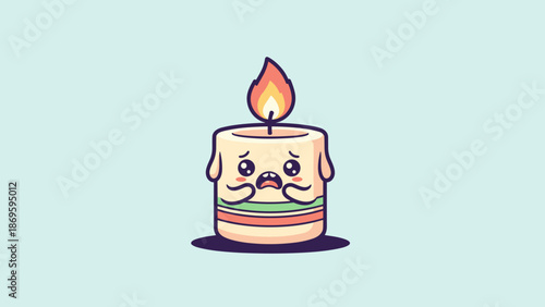 Sad Cartoon Candle Character Burning with a Flame on Light Blue Background Illustrating Melancholy and Loneliness, Perfect for Emotional Expression, Children's Illustrations,