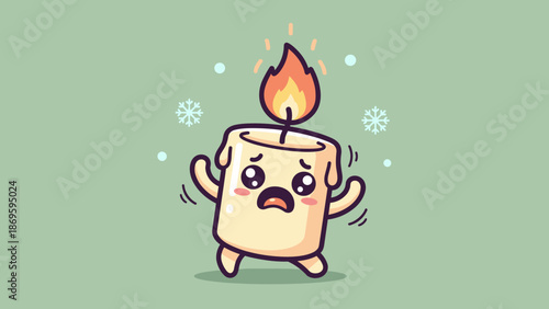 Worried Cartoon Candle Character in Snowy Winter Setting, Displaying Fear and Anxiety with Big Eyes and Frowning Face, Ideal for Holiday Marketing, Christmas Promotions,