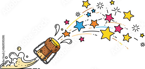 Champagne bottle popping with colorful stars and confetti celebrating success