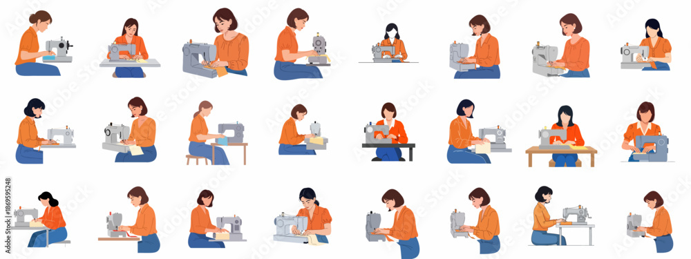 Fototapeta premium Diverse illustrations of women using sewing machines, representing tailoring, garment making, craftsmanship, and home crafting hobby.