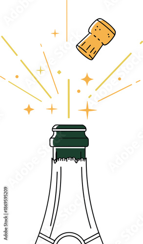 Champagne bottle popping with celebratory sparkles and cork flying high